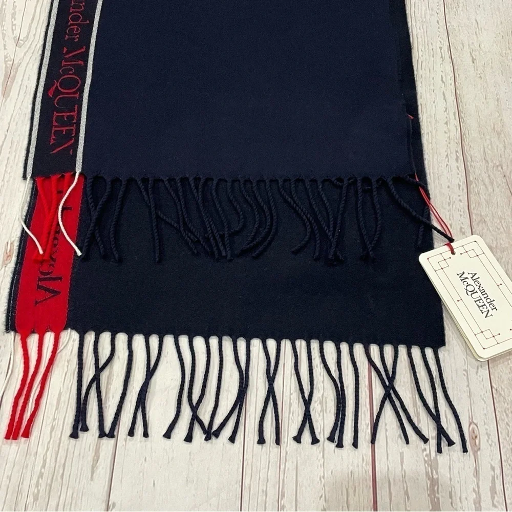 Alexander Mcqueen Navy Blue Selvedge Fringe Wool/Cashmere Unisex Scarf NWT $420